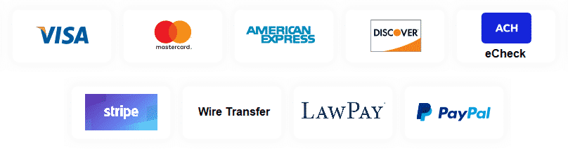 Accepted Payment Methods include Visa, Mastercard, American Express, Discover, ACH, eCheck, Wire Transfer. The services are provided by Stripe, LawPay, and PayPal.